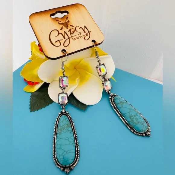 GYPSY OUTLAW ~ Silver Toned Drop Earrings w/Faux Turquoise & Iridescent Stones - Picture 4 of 8